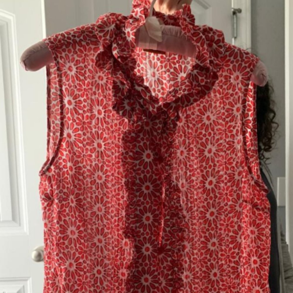 TORY BURCH sleeveless shear silk ruffled  orange red white shirt Size 10